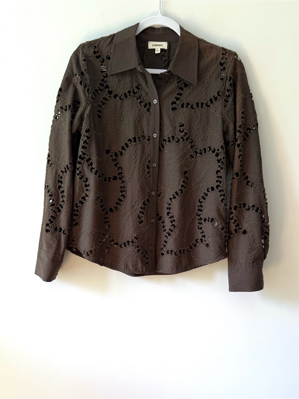New Without Tags L’AGENCE Olive Green Embroidered Eyelet Shirt XS